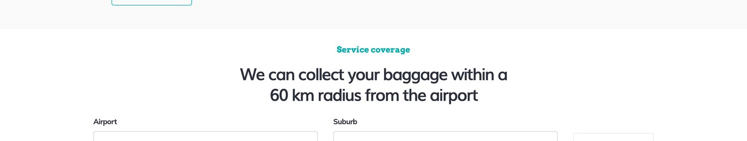 The service-coverage booking widget I designed: airport and suburb within a 60km radius