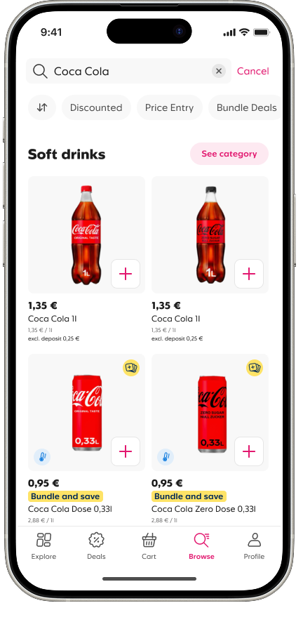 Search results for Coca Cola with sort and filter chips for discounted, price-entry and bundle deals, and bundle-and-save labels on tiles