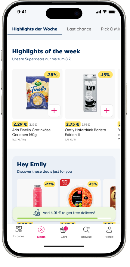Deals tab with Highlights of the week, personalised deals and a free-delivery progress banner