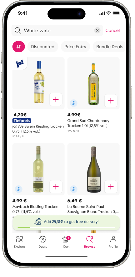 White wine results showing an entry-price ja! bottle with a Tiefpreis label and a free-delivery progress banner