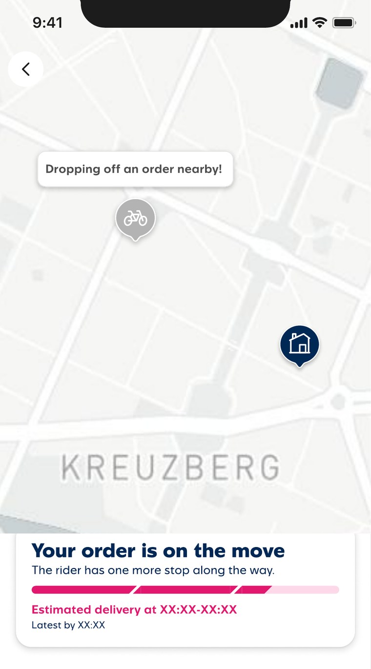 Order Tracking: a live map with the rider marker labelled dropping off an order nearby, and the destination pin
