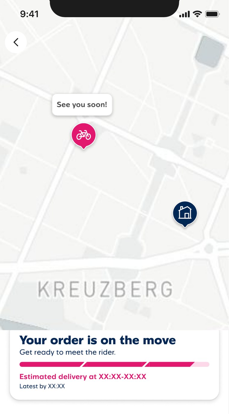 Order Tracking: the rider marker close to the destination pin, labelled see you soon