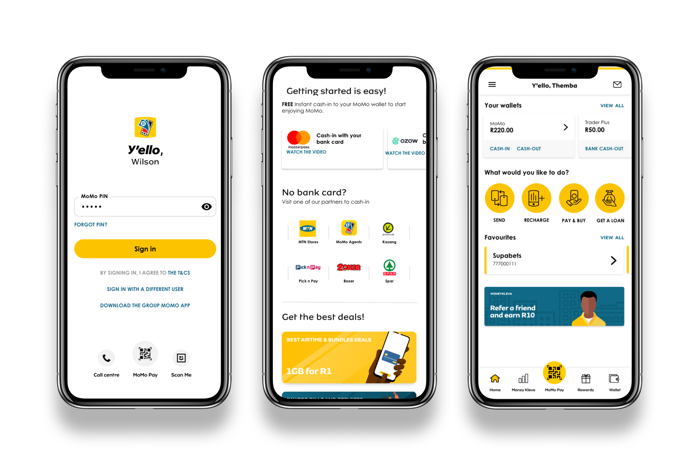 MTN MoMo sign-in, cash-in and wallet home screens