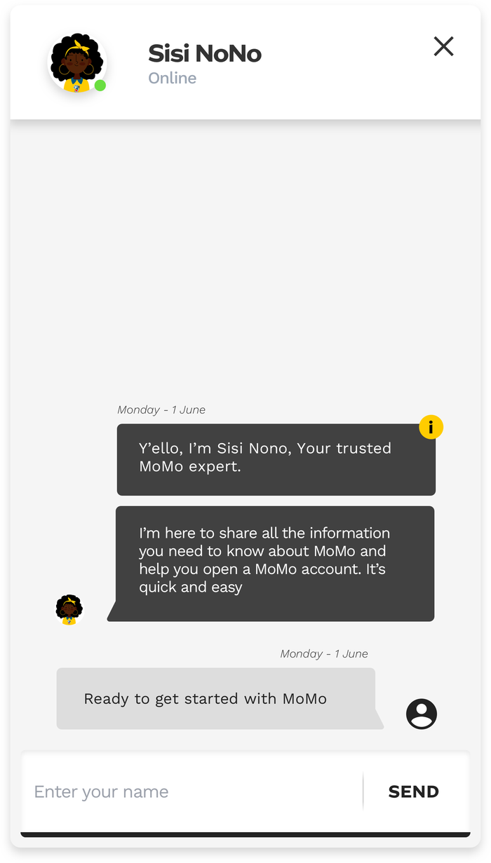 Sisi Nono MoMo chatbot introducing herself as a trusted MoMo expert