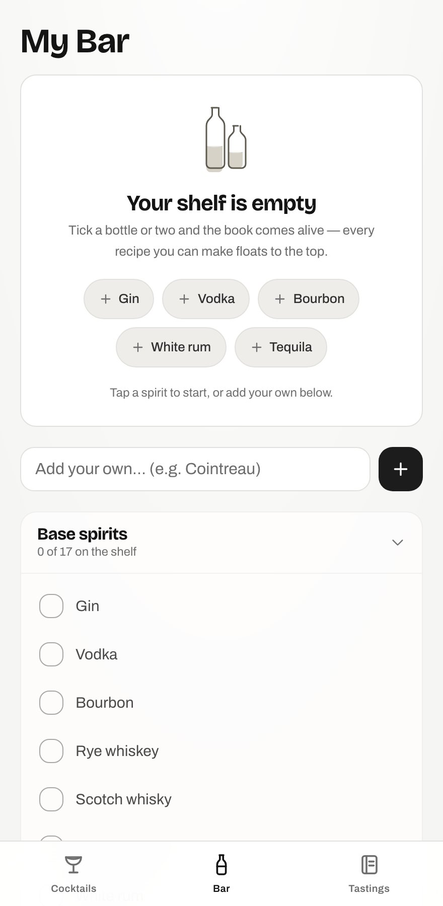 My Bar screen with bottle illustration and one-tap starter spirit chips