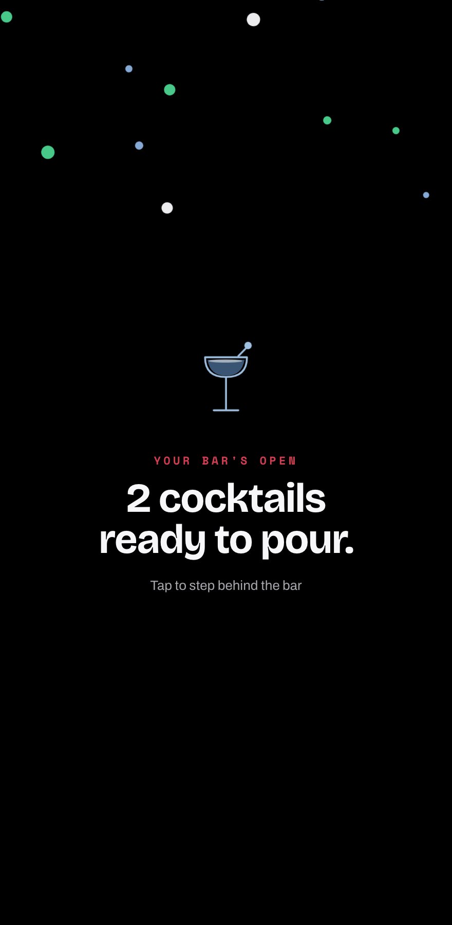 Completion screen with cocktail count and falling confetti dots