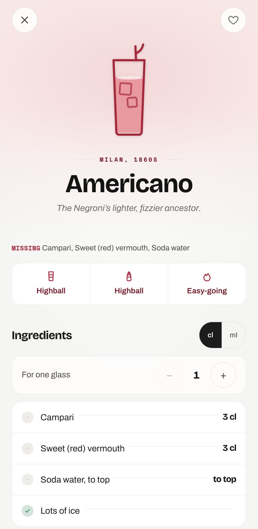 Recipe page for the Americano with dotted-leader ingredients