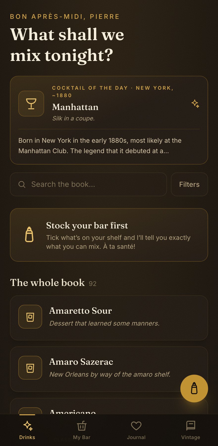Dark brown and gold cocktail app home screen with serif headline