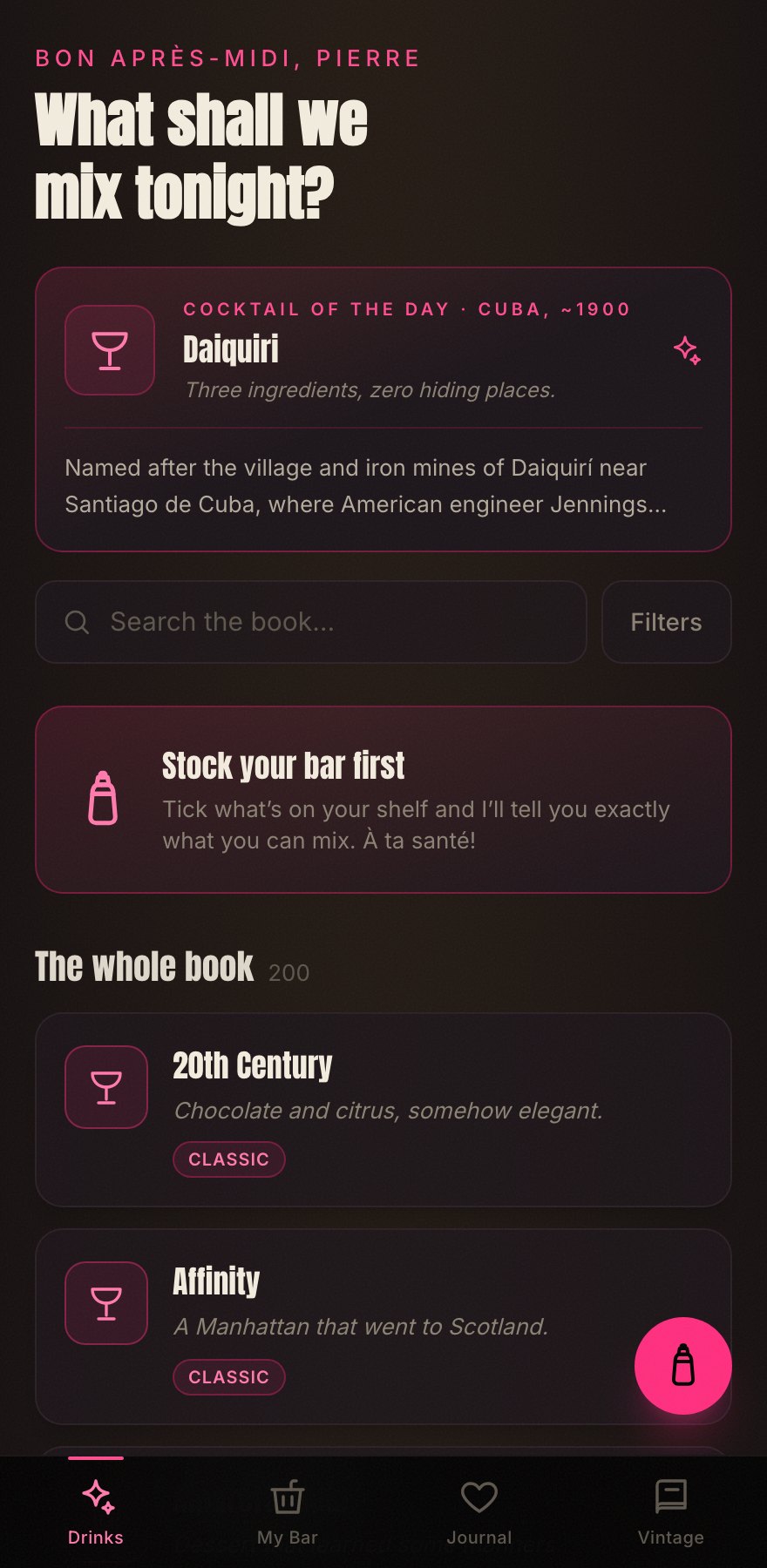 Black cocktail app home screen with condensed poster typography and pink accents