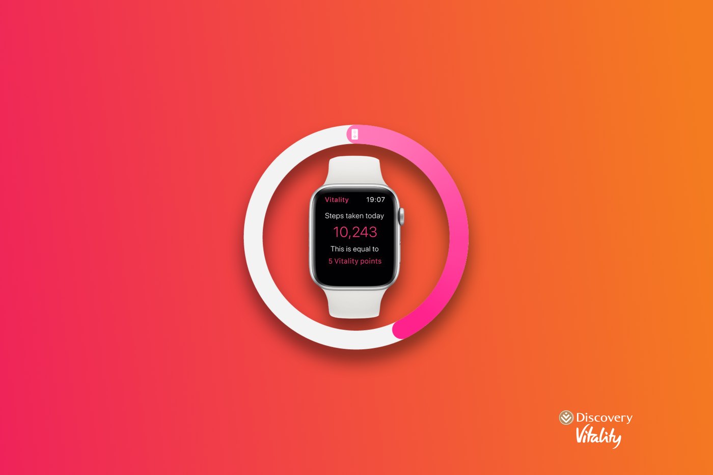 Apple Watch showing steps taken today inside a Vitality activity ring, on the Vitality gradient